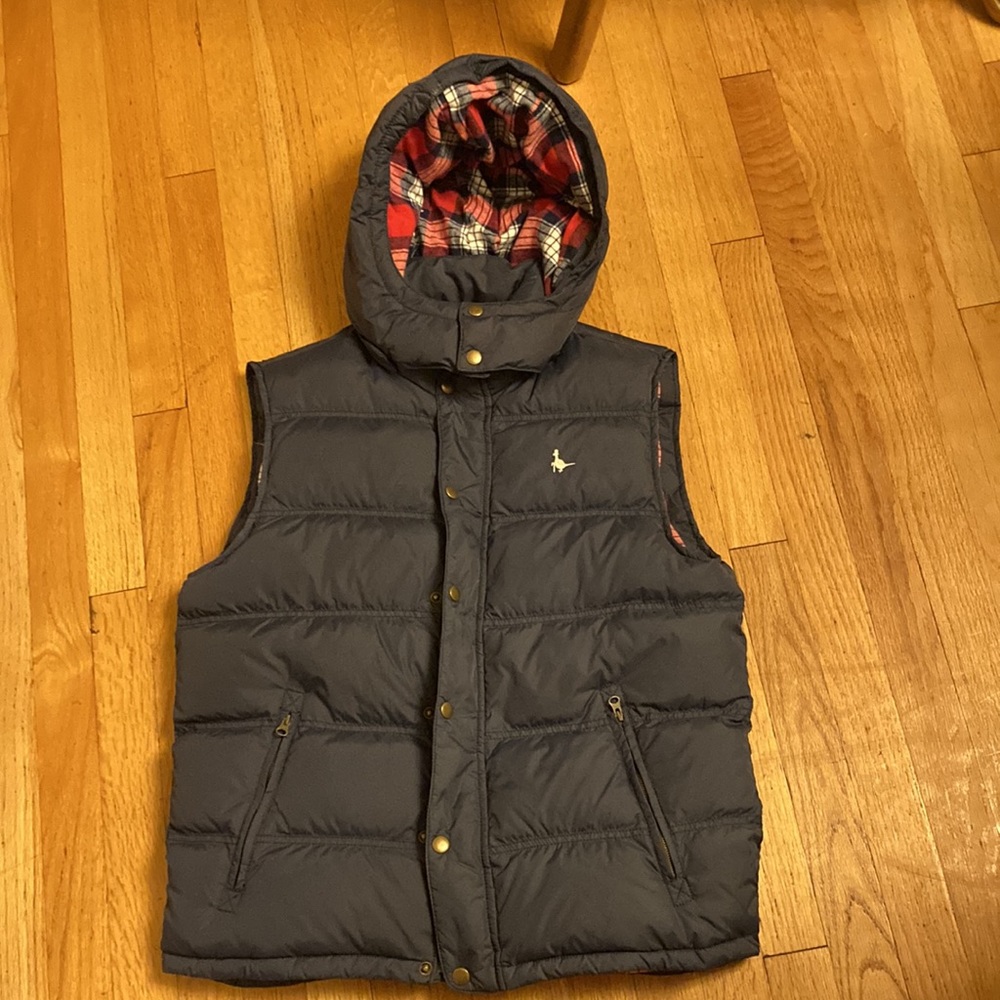 Jack Wills Navy Quilted Hooded Puffer Vest with Red Plaid Lining